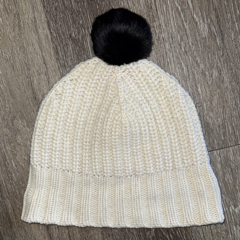Kate Spade Cream Knit Beanie with Black Pom